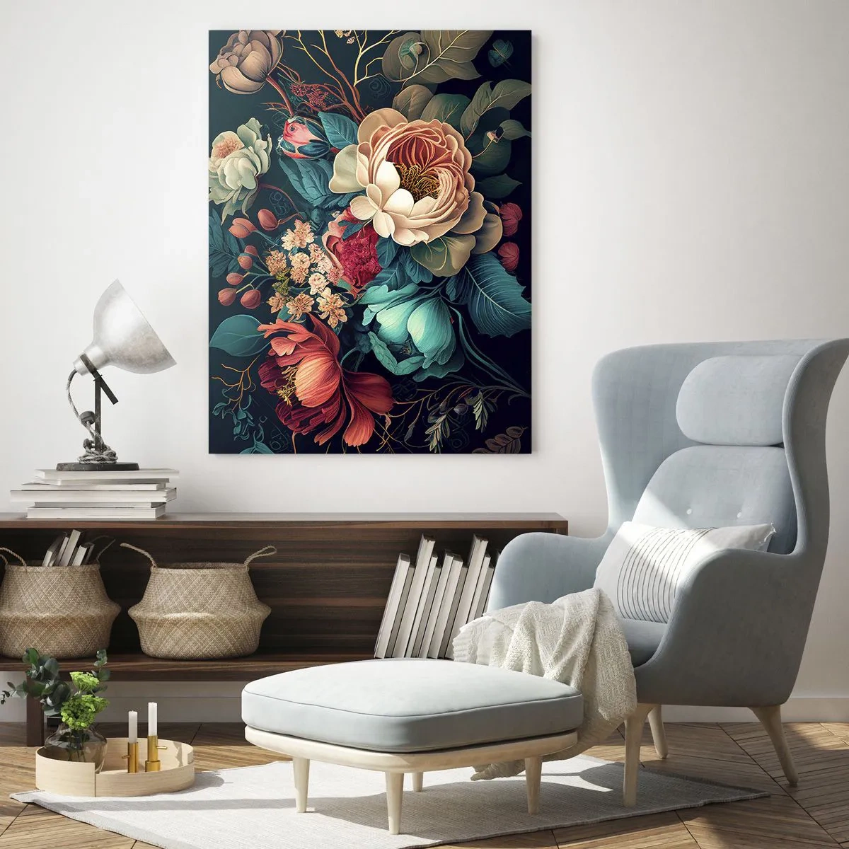 Glasbild - Bild auf glas - Eine farbenfrohe Blumenkomposition auf dunklem Hintergrund - 80x120cm - Charme des 19. Jahrhunderts - Moderne Wanddekoration für Wohnzimmer und Schlafzimmer ARTTOR