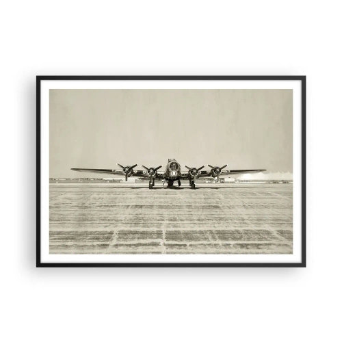 Poster in einem schwarzem Rahmen - Historisches Flugzeug auf dem Flughafen in Sepia - 100x70cm - Wie immer bereit - Moderne Wanddekoration für Wohnzimmer und Schlafzimmer ARTTOR