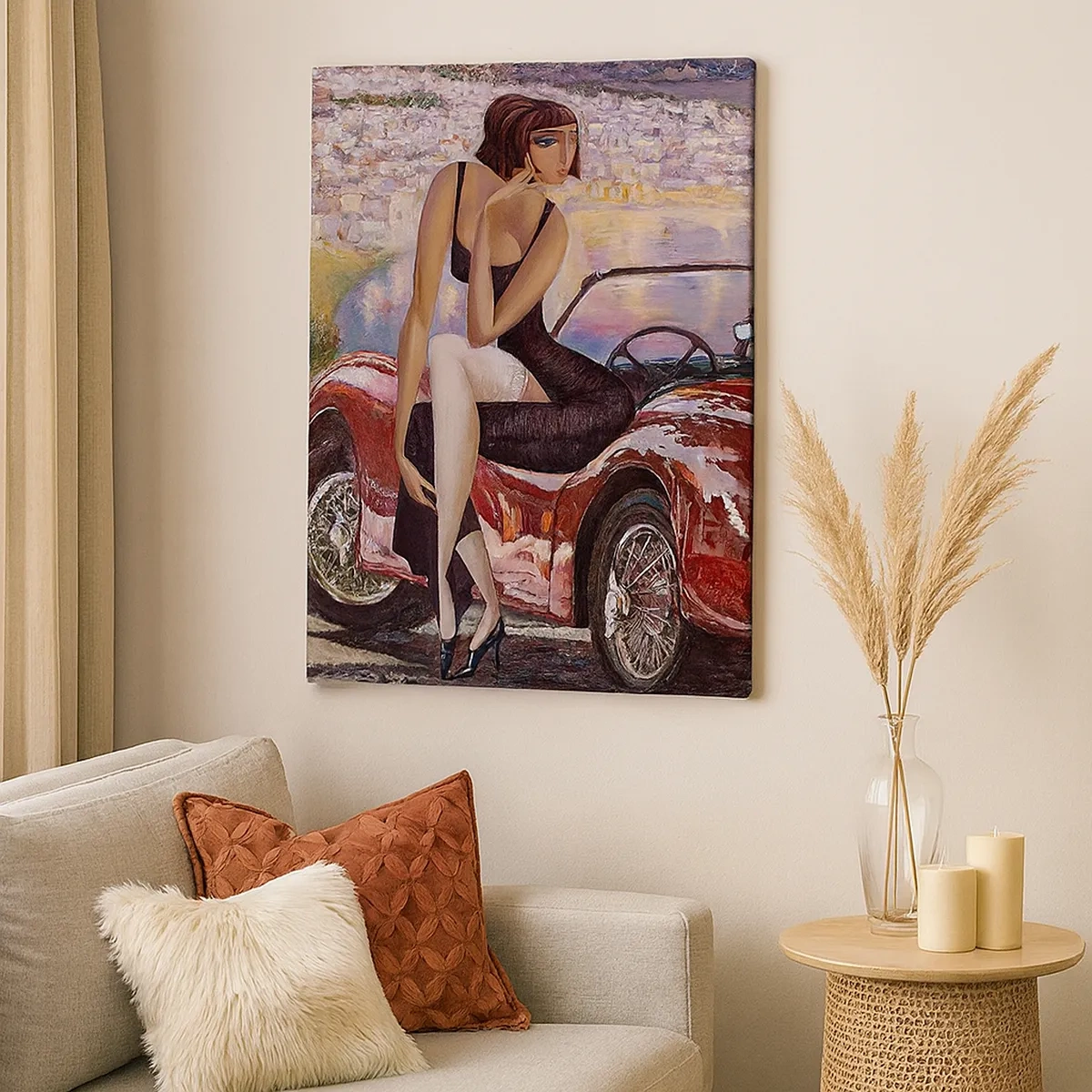 Bild auf Leinwand - Leinwandbild - Eine Frau neben einem roten Auto mit einer Stadt im Hintergrund - 50x70cm - Sommer? Nur an der Riviera - Moderne Wanddekoration für Wohnzimmer und Schlafzimmer ARTTOR