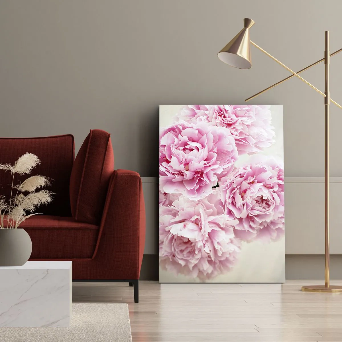 Bild auf Leinwand - Leinwandbild - Ein Strauß rosa Pfingstrosen auf hellem Hintergrund - 50x70cm - In rosa Glamour - Moderne Wanddekoration für Wohnzimmer und Schlafzimmer ARTTOR