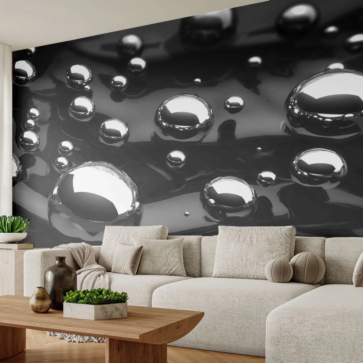 Fototapete Premium Sand - Aus der schwarzen Wassertiefe - Abstraktion, Chromkugeln, 3D - 100x70 cm