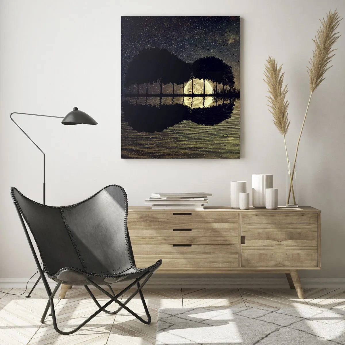 Glasbild - Bild auf glas - Eine magische Nacht mit Bäumen und dem Mond, der sich im Wasser spiegelt - 80x120cm - Nacht am Ende der Welt - Moderne Wanddekoration für Wohnzimmer und Schlafzimmer ARTTOR
