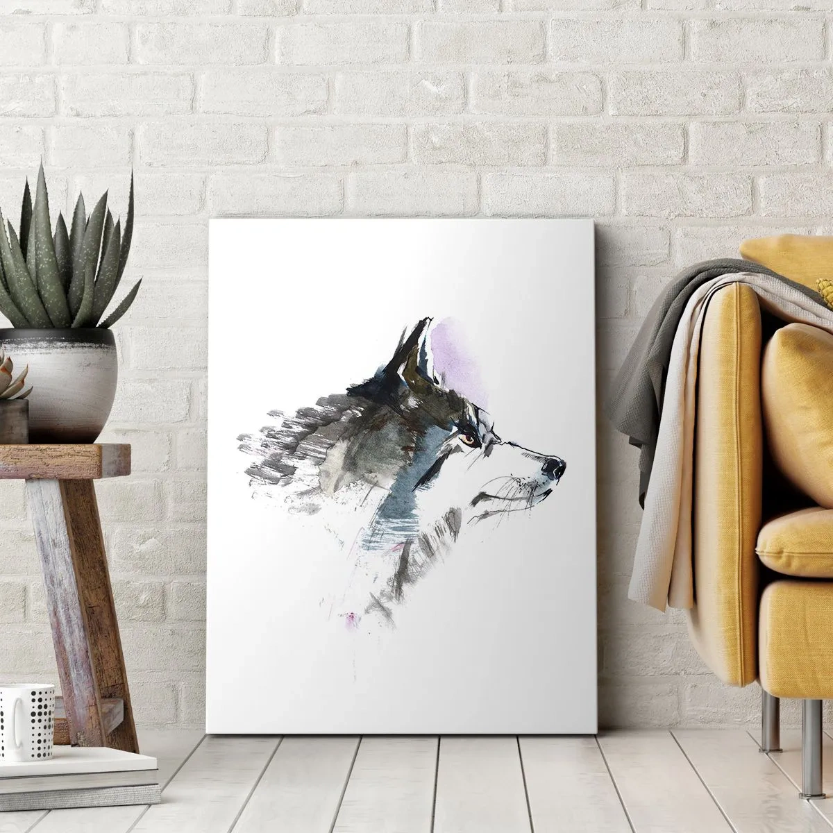 Bild auf Leinwand - Leinwandbild - Aquarellwolf im minimalistischen Stil - 80x120cm - Vom Teufel sprechen - Moderne Wanddekoration für Wohnzimmer und Schlafzimmer ARTTOR