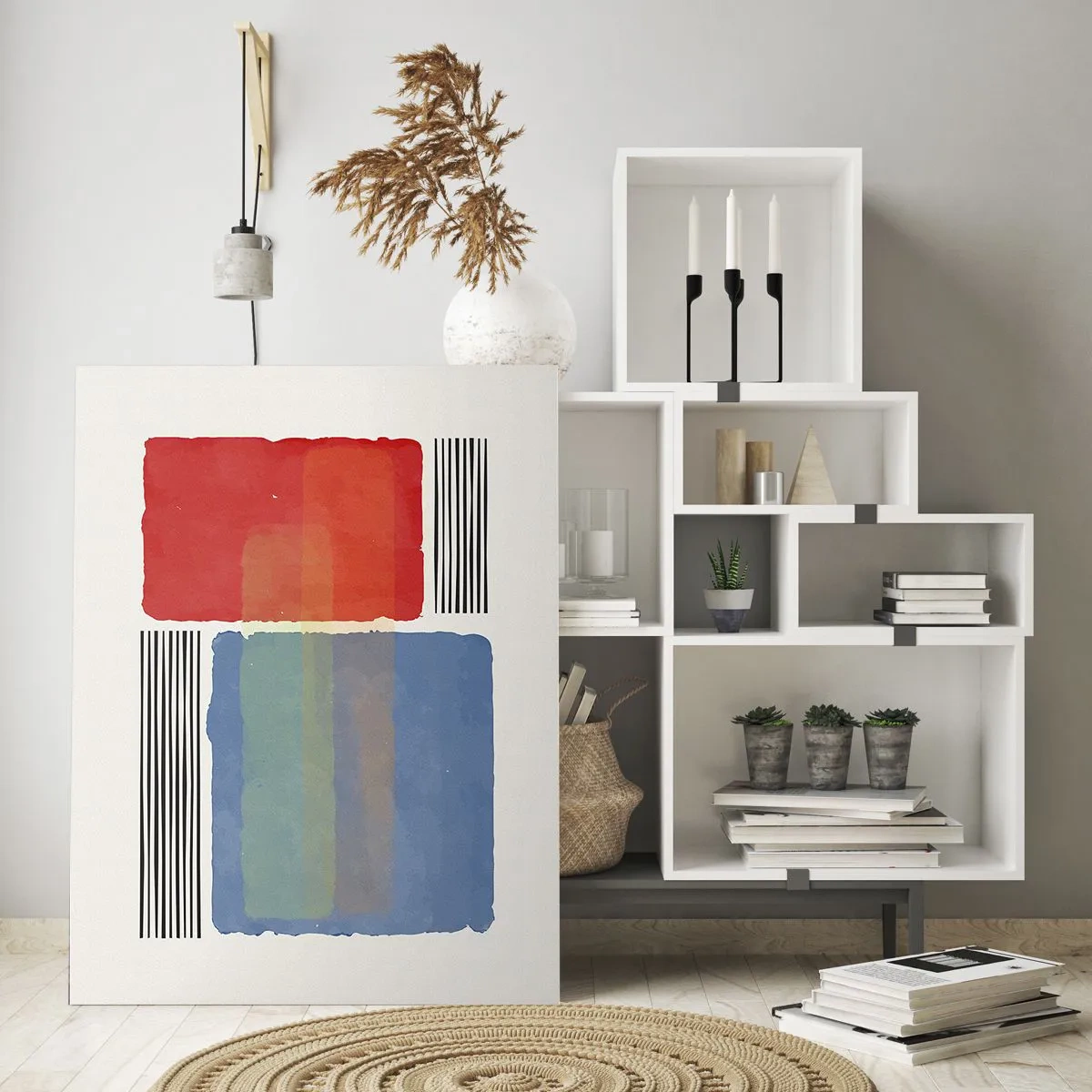 Glasbild - Bild auf glas - Geometrische Komposition mit roten und blauen Rechtecken - 50x70cm - Der Geist und der Buchstabe der Geometrie - Moderne Wanddekoration für Wohnzimmer und Schlafzimmer ARTTOR