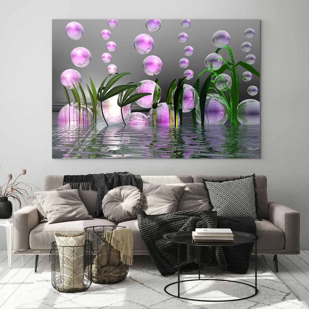 Glasbild - Bild auf glas - Lila Blasen schweben über dem Wasser mit Pflanzen - 70x50cm - Eine reflektierende Komposition aus Leichtigkeit und Leben - Moderne Wanddekoration für Wohnzimmer und Schlafzimmer ARTTOR