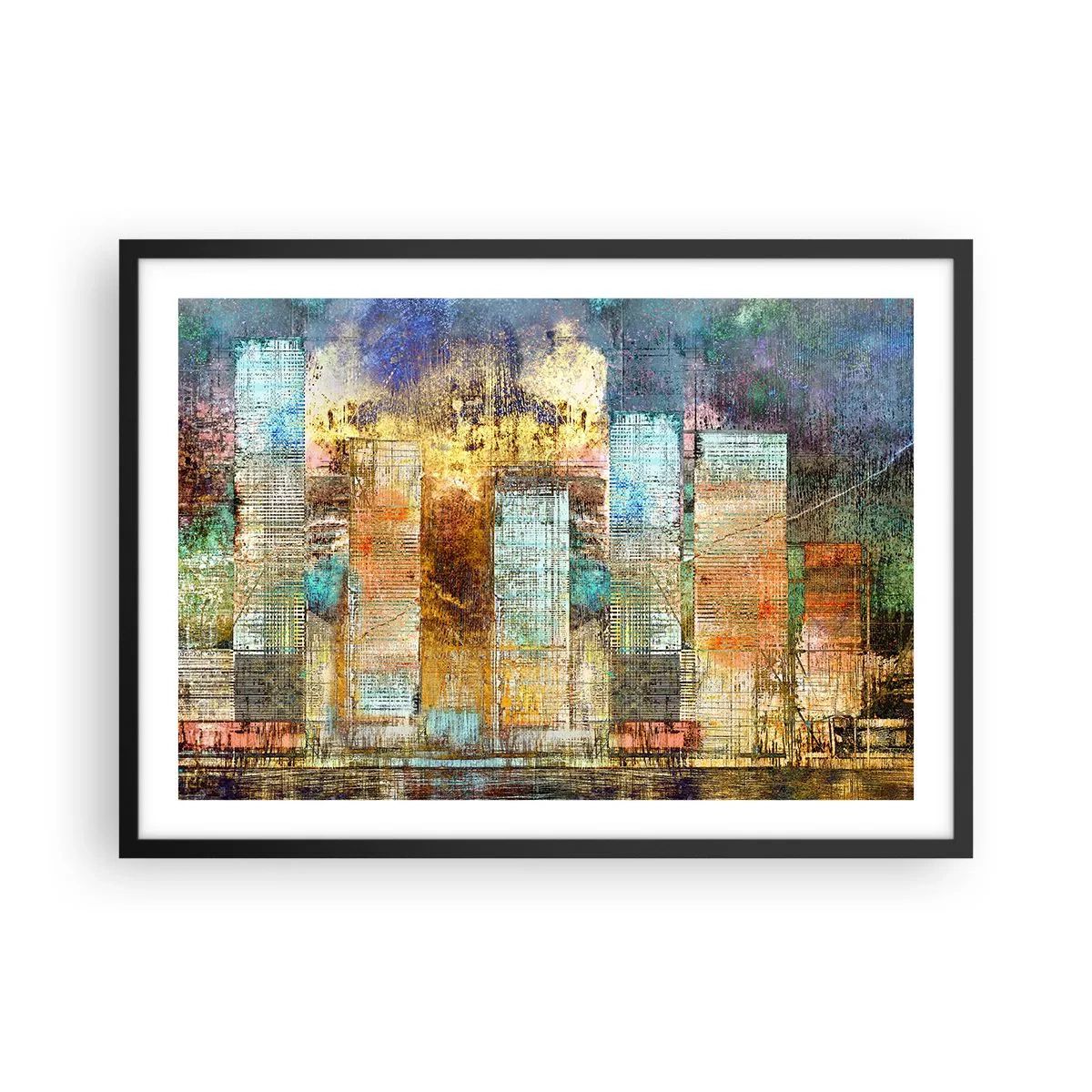 Poster in einem schwarzem Rahmen - Abstrakte Wolkenkratzer im Industriestil - 70x50cm - Sonnige Metropole - Moderne Wanddekoration für Wohnzimmer und Schlafzimmer ARTTOR