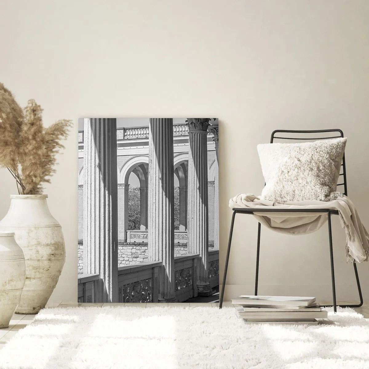 Glasbild - Bild auf glas - Kolonnade im klassischen Stil in Schwarz und Weiß - 70x100cm - Sonnige Arkade - Moderne Wanddekoration für Wohnzimmer und Schlafzimmer ARTTOR