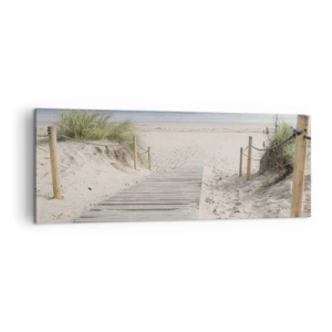 Bild auf Leinwand - Leinwandbild - Ein Plankenweg, der zu einem Sandstrand führt - 140x50cm - Bis zum Horizont - Moderne Wanddekoration für Wohnzimmer und Schlafzimmer ARTTOR