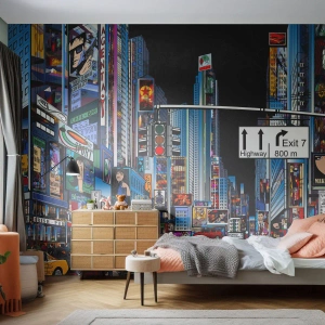 Fototapete Premium Sand - Illustriertes nächtliches Stadtbild mit Neonlichtern und Verkehr - 100x70cm - Comicbuch große Nacht - Moderne Wanddekoration für Wohnzimmer und Schlafzimmer ARTTOR