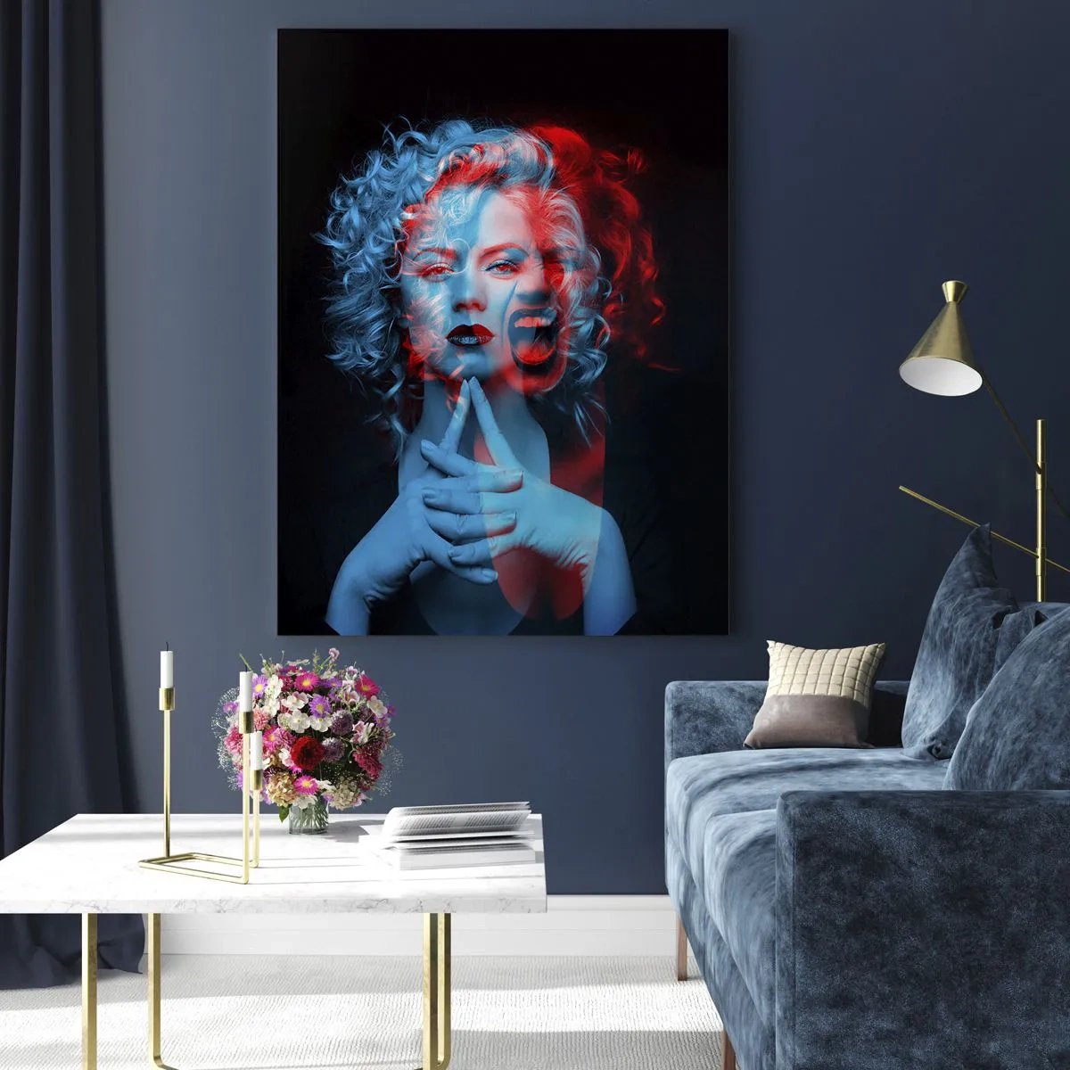 Glasbild - Bild auf glas - Frauenportrait mit Farbwechseleffekt, in Blau- und Rottönen - 50x70cm - Alter Ego - Moderne Wanddekoration für Wohnzimmer und Schlafzimmer ARTTOR