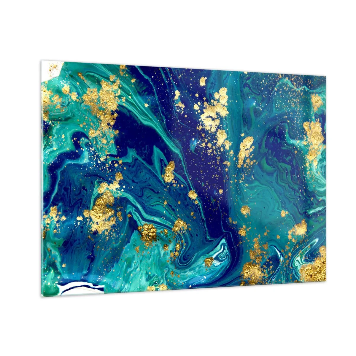 Glasbild - Bild auf glas - Ein abstraktes Muster in Türkis- und Marineblautönen mit goldenen Akzenten - 100x70cm - Die Blütenblätter der Sonne - Moderne Wanddekoration für Wohnzimmer und Schlafzimmer ARTTOR