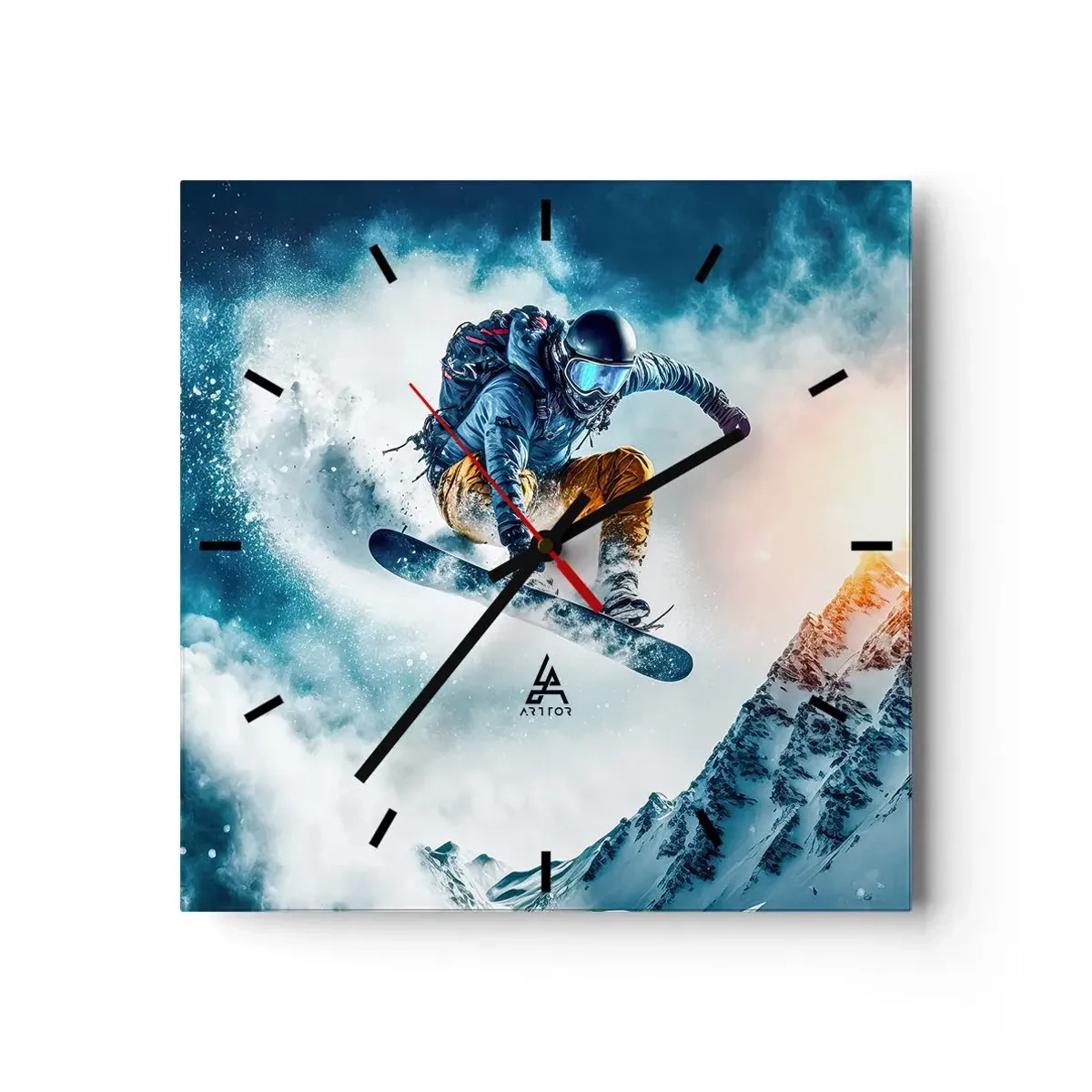 Wanduhr - Glasuhr - Ein Snowboarder fliegt über schneebedeckte Berge - 30x30cm - Extreme Emotionen - Moderne Wanddekoration für Wohnzimmer und Schlafzimmer ARTTOR