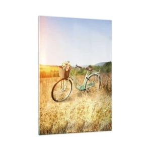Glasbild - Bild auf glas - Ein Retro-Fahrrad mit einem Korb voller Blumen vor einem Wiesenhintergrund. - 80x120cm - Ich bleibe eine Weile hier - Moderne Wanddekoration für Wohnzimmer und Schlafzimmer ARTTOR