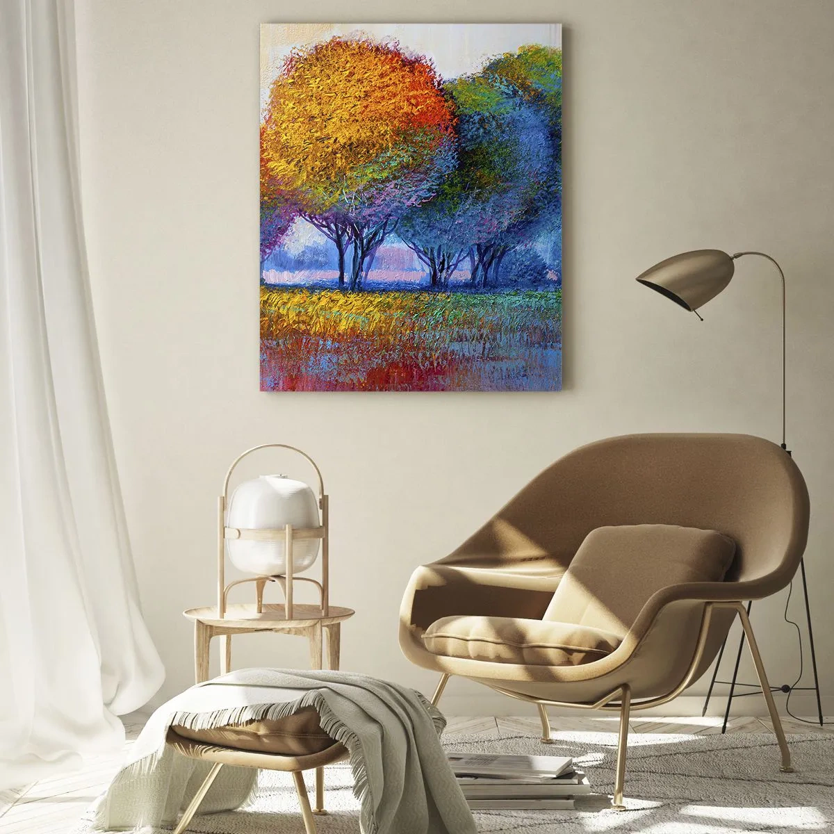 Glasbild - Bild auf glas - Bunte Bäume in einer impressionistischen Landschaft - 80x120cm - Ein Haufen leuchtender Farben - Moderne Wanddekoration für Wohnzimmer und Schlafzimmer ARTTOR