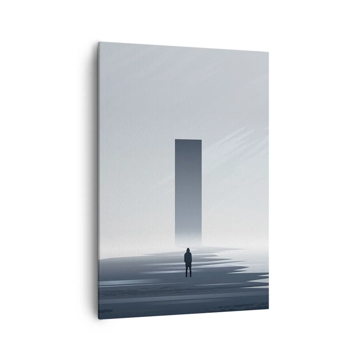 Bild auf Leinwand - Leinwandbild - Eine minimalistische Landschaft mit einer Silhouette neben einem rechteckigen Monolithen - 70x100cm - Chance oder Bedrohung? - Moderne Wanddekoration für Wohnzimmer und Schlafzimmer ARTTOR