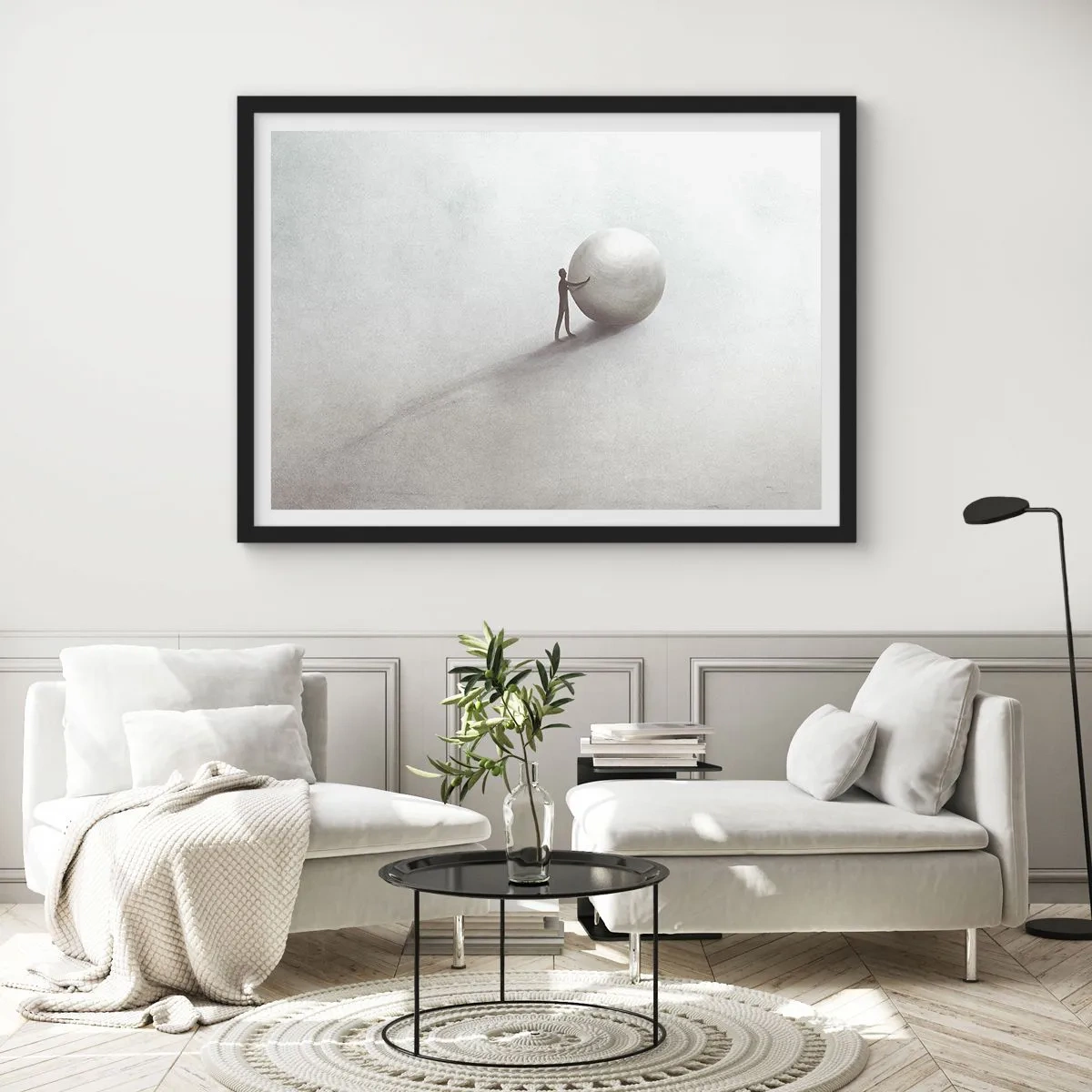 Poster in einem schwarzem Rahmen - Eine minimalistische Figur mit einem Ball auf einem hellen, monochromen Hintergrund. - 100x70cm - Das Spiel des Lebens - Moderne Wanddekoration für Wohnzimmer und Schlafzimmer ARTTOR