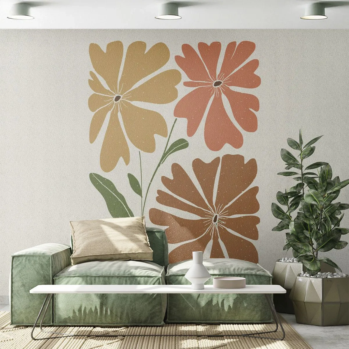 Fototapete Premium Sand - Drei stilisierte Blumen in Erdtönen - 100x70cm - Natur und Geometrie - Moderne Wanddekoration für Wohnzimmer und Schlafzimmer ARTTOR