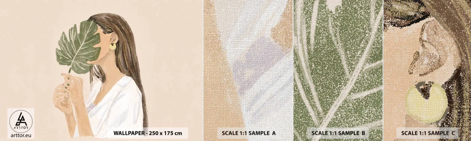 Fototapeten Muster Premium Canvas - Geheimnisvolles Porträt mit Fächer - Blatt, Frau, Boho - 100x30 cm