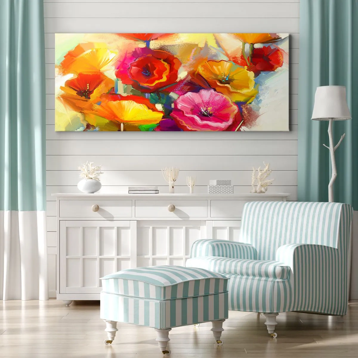 Bild auf Leinwand - Leinwandbild - Bunte abstrakte Blumen auf hellem Hintergrund - 120x50cm - Nicht nur rot - Moderne Wanddekoration für Wohnzimmer und Schlafzimmer ARTTOR