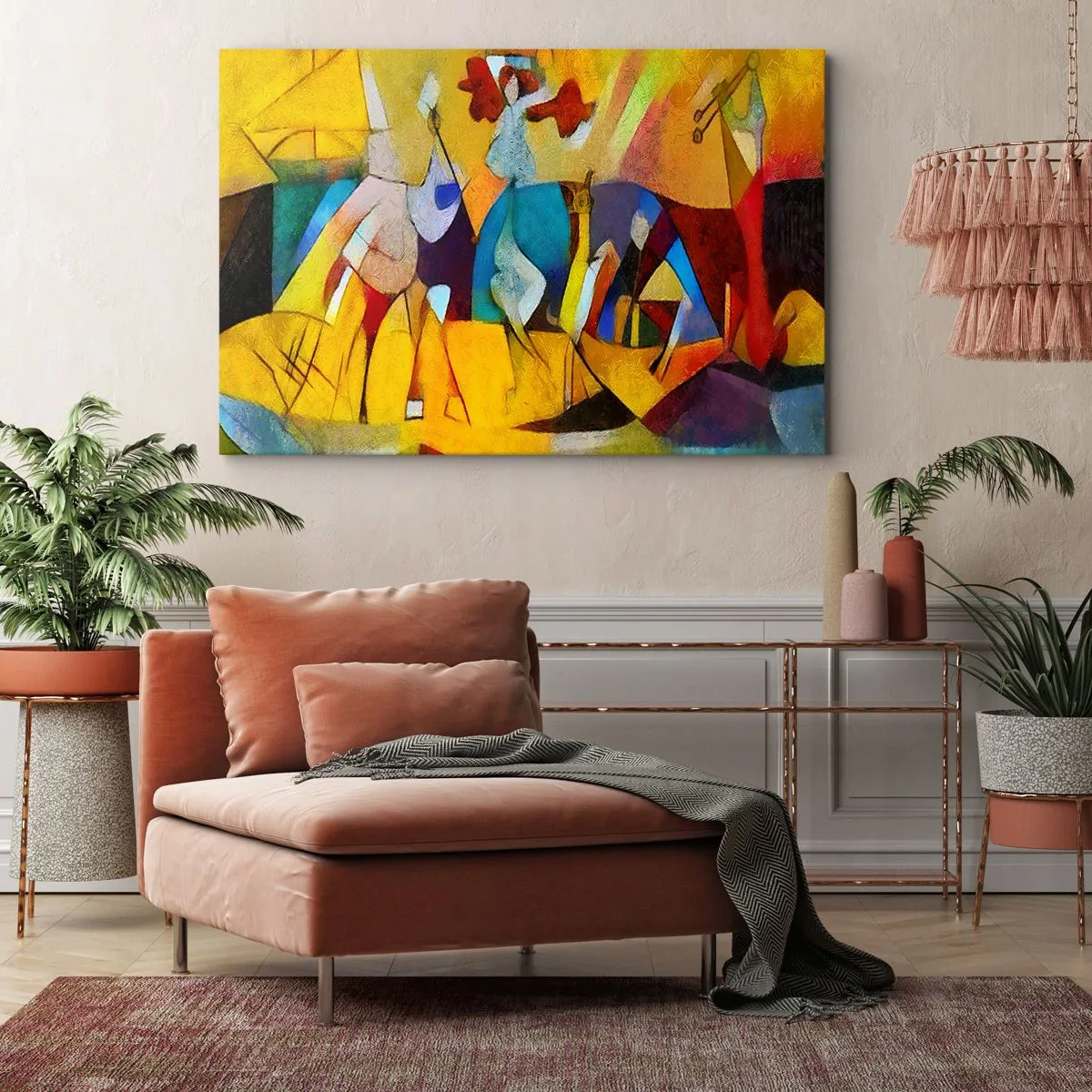 Bild auf Leinwand - Leinwandbild - Eine farbenfrohe Abstraktion, die Figuren in geometrischer Form darstellt - 120x80cm - Sonne - Leben - Freude - Moderne Wanddekoration für Wohnzimmer und Schlafzimmer ARTTOR