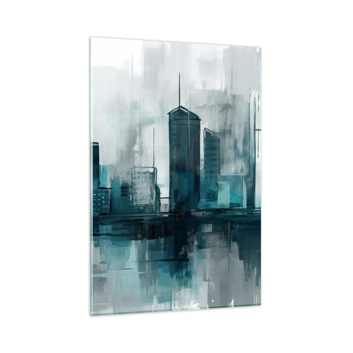 Glasbild - Bild auf glas - Eine moderne Stadt in Türkis- und Grautönen - 80x120cm - Eine Stadt in der Farbe des Regens - Moderne Wanddekoration für Wohnzimmer und Schlafzimmer ARTTOR