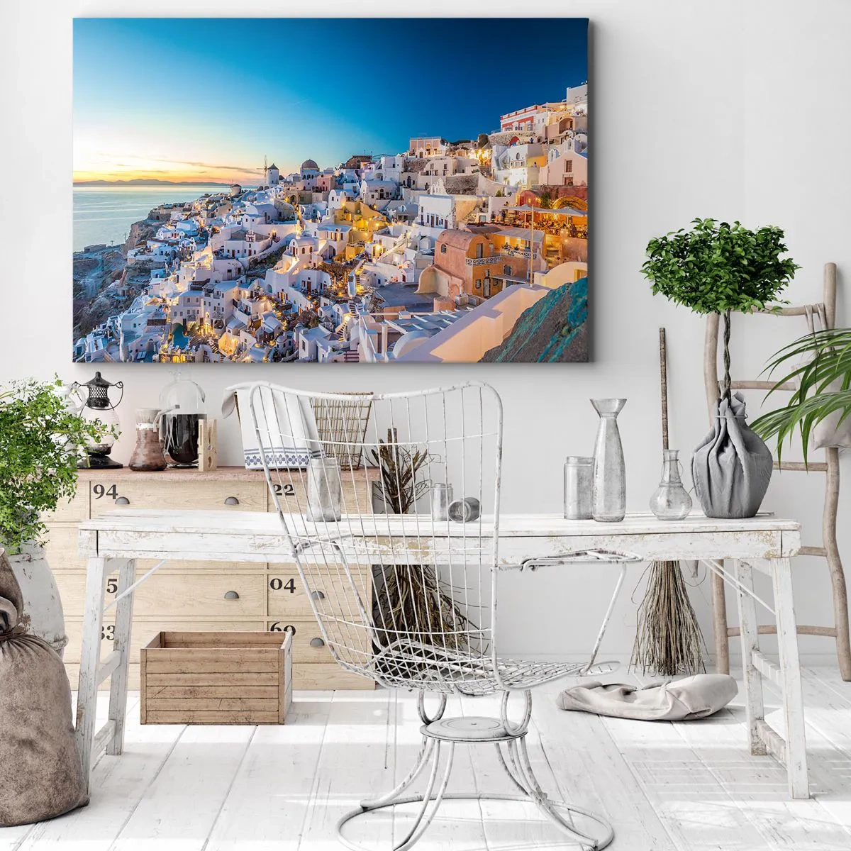 Bild auf Leinwand - Leinwandbild - Blick auf eine griechische Stadt bei Sonnenuntergang - 120x80cm - Die Essenz des Griechischen - Moderne Wanddekoration für Wohnzimmer und Schlafzimmer ARTTOR