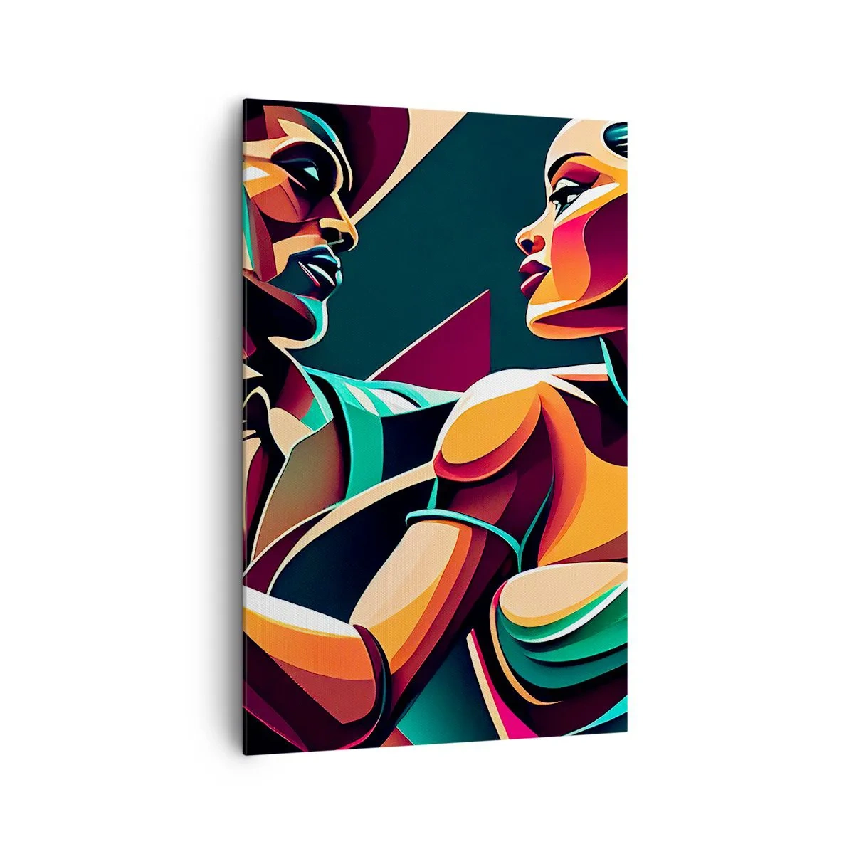Bild auf Leinwand - Leinwandbild - Ein stilisiertes Paar, das in leuchtenden, geometrischen Farben tanzt. - 80x120cm - Im Rhythmus des Herzens - Moderne Wanddekoration für Wohnzimmer und Schlafzimmer ARTTOR