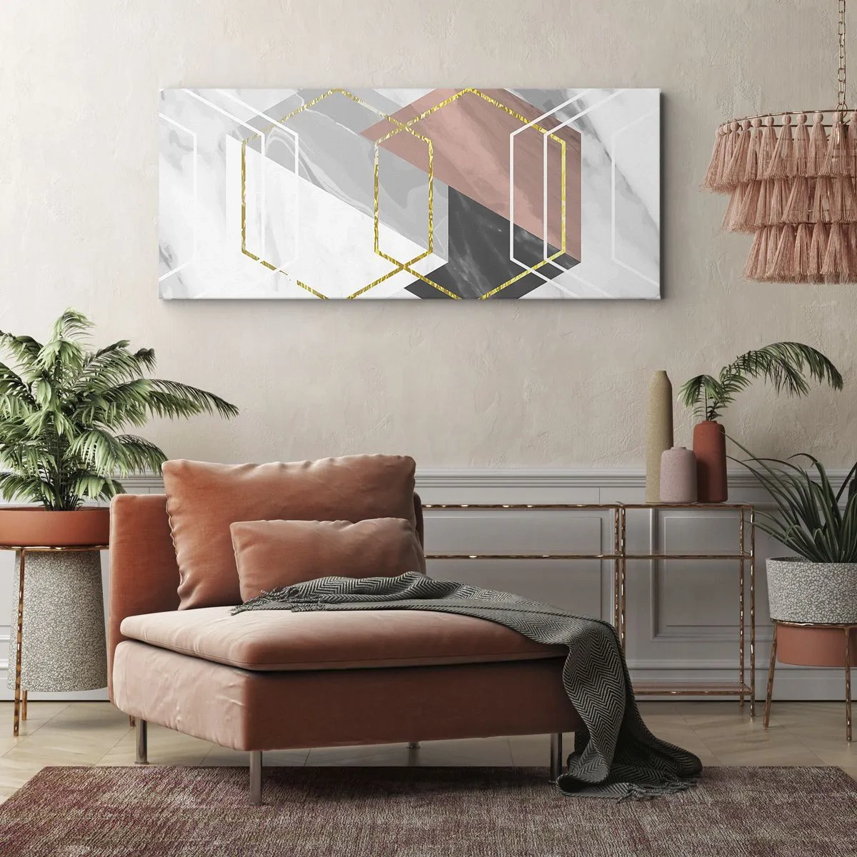 Bild auf Leinwand - Leinwandbild - Geometrische Figuren mit Gold- und Marmorakzenten - 140x50cm - Kettenkomposition - Moderne Wanddekoration für Wohnzimmer und Schlafzimmer ARTTOR