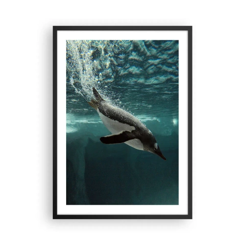 Poster in einem schwarzem Rahmen - Ein Pinguin schwimmt unter Wasser - 50x70cm - Willkommen in meiner Welt - Moderne Wanddekoration für Wohnzimmer und Schlafzimmer ARTTOR