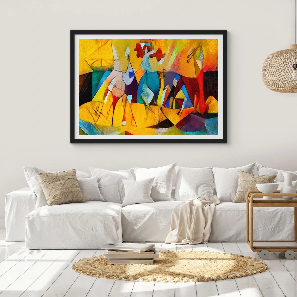 Poster in einem schwarzem Rahmen - Eine farbenfrohe Abstraktion, die Figuren in geometrischer Form darstellt - 100x70cm - Sonne - Leben - Freude - Moderne Wanddekoration für Wohnzimmer und Schlafzimmer ARTTOR