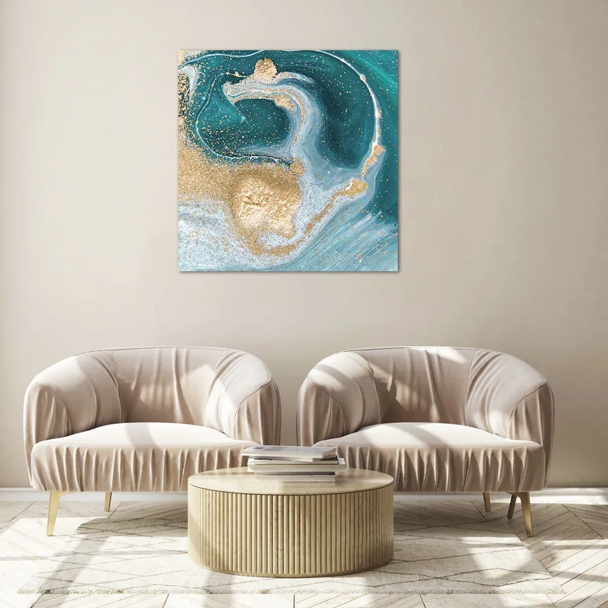 Glasbild - Bild auf glas - Ein Strudel aus Gold und Türkis - 50x50 cm