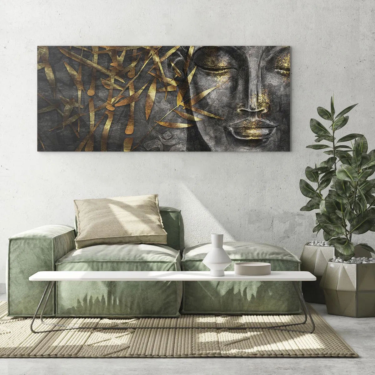 Glasbild - Bild auf glas - Zen-Buddha-Bild mit goldenem Bambus - 120x50cm - Fühle den Frieden - Moderne Wanddekoration für Wohnzimmer und Schlafzimmer ARTTOR