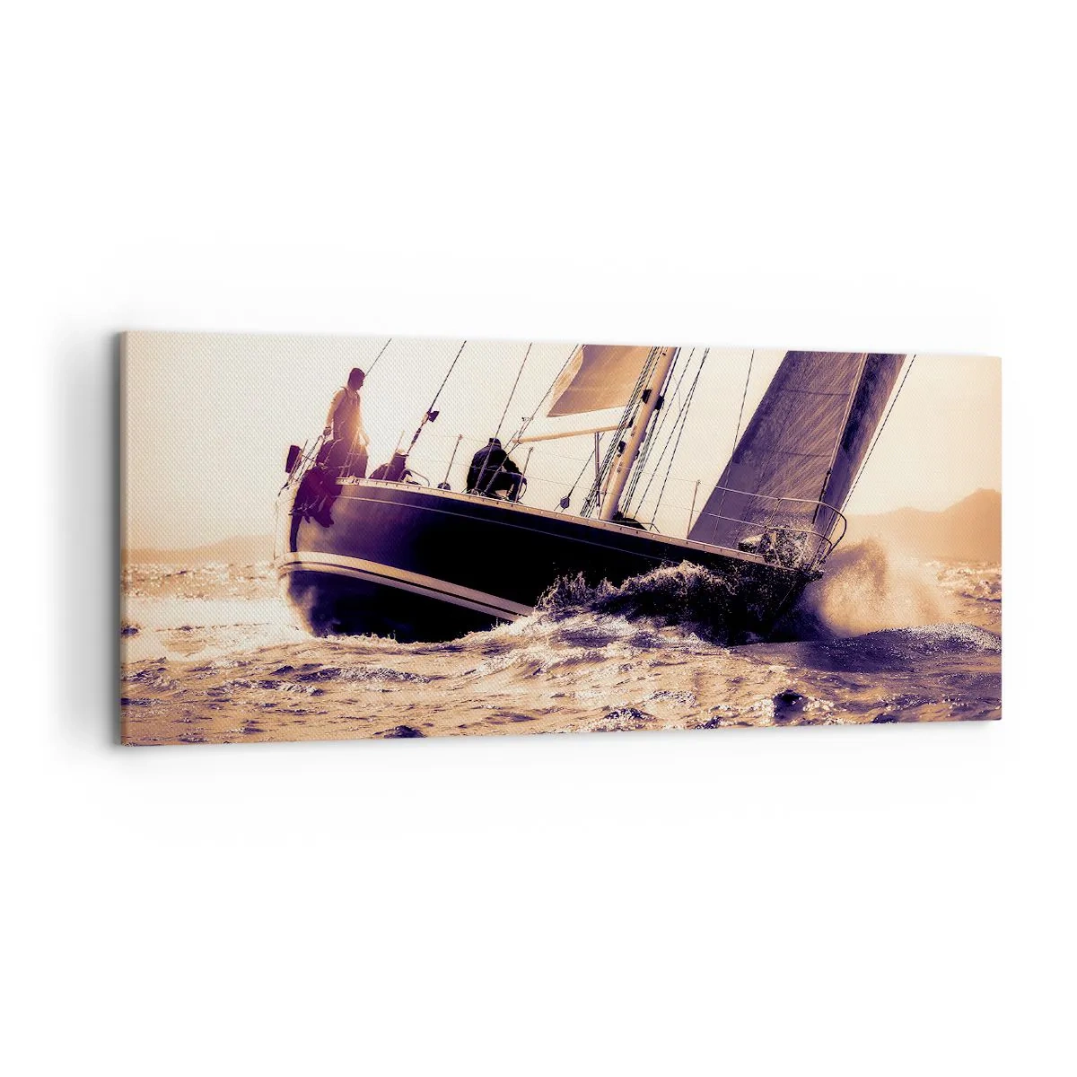 Bild auf Leinwand - Leinwandbild - Eine Yacht auf stürmischer See im Licht der untergehenden Sonne - 120x50cm - Segle, Seemann - Moderne Wanddekoration für Wohnzimmer und Schlafzimmer ARTTOR