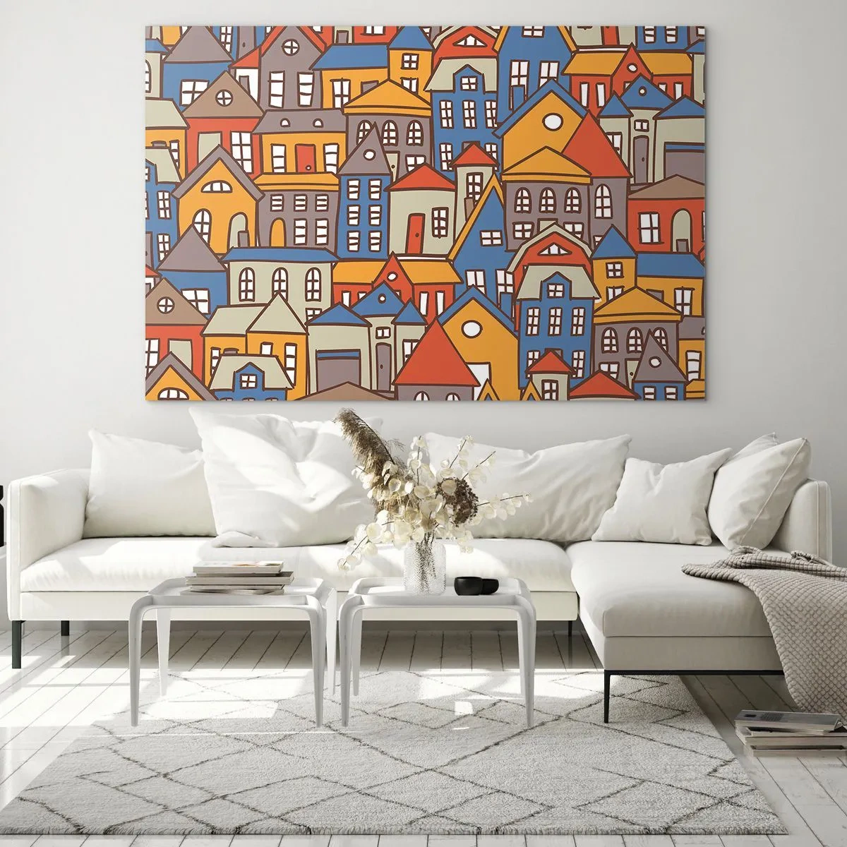 Glasbild - Bild auf glas - Bunte Häuser im grafischen Stil schaffen eine fröhliche Landschaft - 70x50cm - Hinter dem Haus ist das Haus - Moderne Wanddekoration für Wohnzimmer und Schlafzimmer ARTTOR