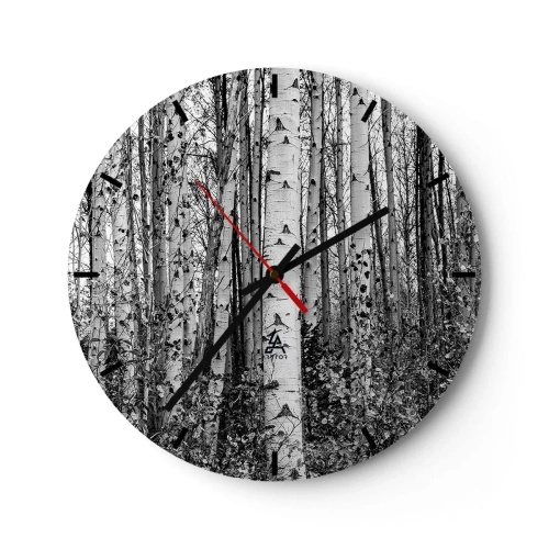 Wanduhr - Glasuhr - Schwarz-weißer Birkenwald im minimalistischen Stil - 30x30cm - Birkenkolonnade - Moderne Wanddekoration für Wohnzimmer, Küche und Schlafzimmer ARTTOR