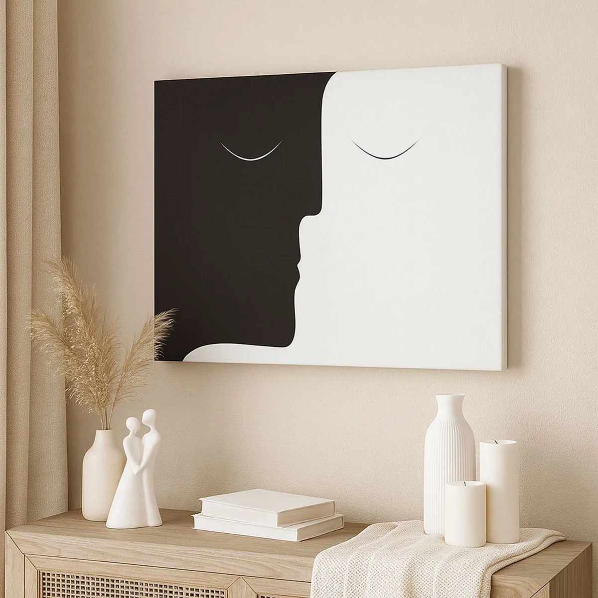Bild auf Leinwand - Leinwandbild - Eine minimalistische Silhouette zweier Gesichter in Kontrastfarben. - 70x50cm - Einheit der Gegensätze - Moderne Wanddekoration für Wohnzimmer und Schlafzimmer ARTTOR