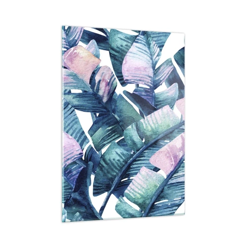 Glasbild - Bild auf glas - Bananenblätter in Pastelltönen auf weißem Hintergrund - 50x70cm - In einem Bananenhain - Moderne Wanddekoration für Wohnzimmer und Schlafzimmer ARTTOR