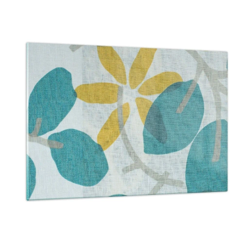 Glasbild - Bild auf glas - Eine Pflanzengrafik mit azurblauen Blättern und gelben Blüten - 120x80cm - Unter den azurblauen Blättern - Moderne Wanddekoration für Wohnzimmer und Schlafzimmer ARTTOR
