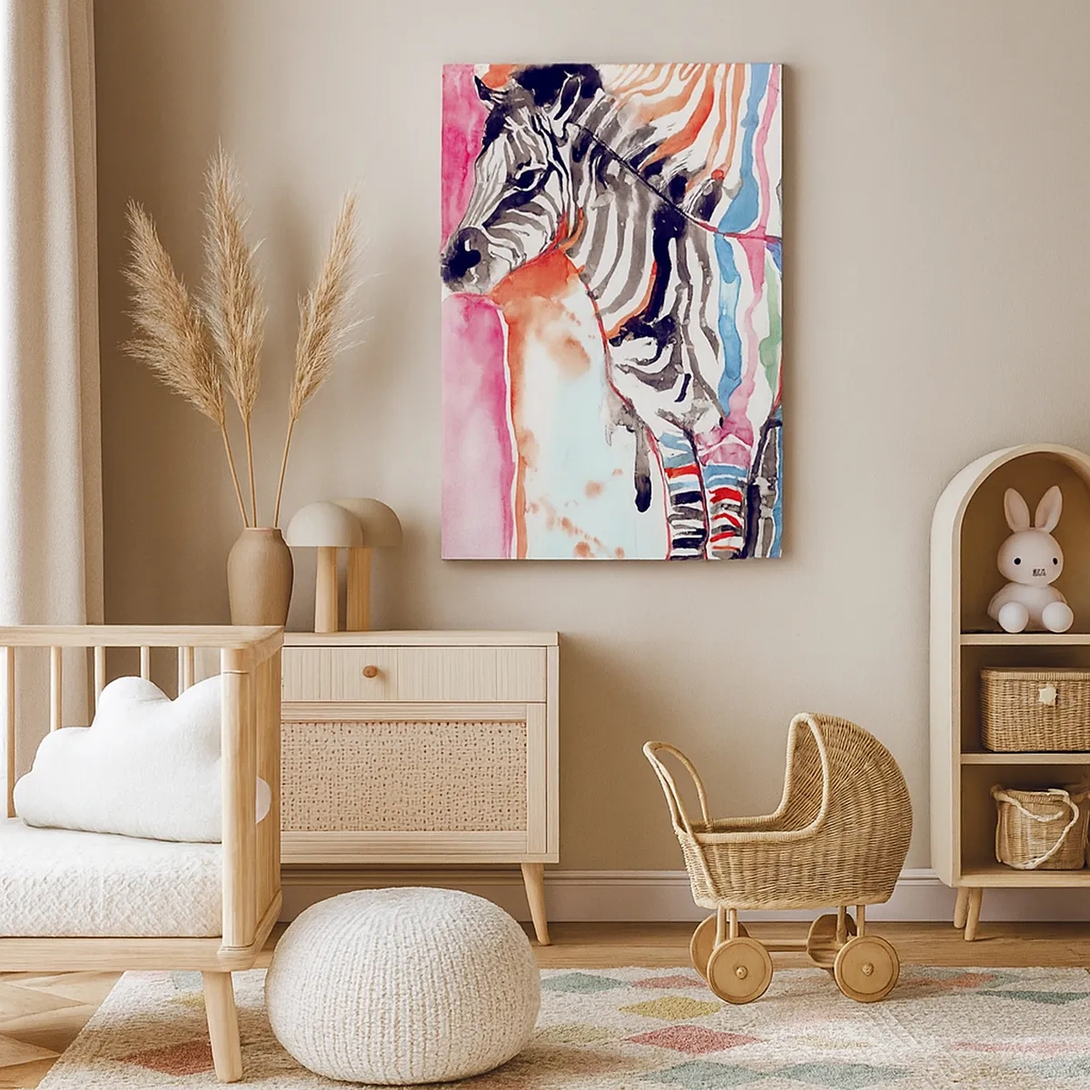 Bild auf Leinwand - Leinwandbild - Ein buntes Zebra vor einem Hintergrund aus abstrakten Aquarellmustern - 50x70cm - Unbeschwerter Witz der Natur - Moderne Wanddekoration für Wohnzimmer und Schlafzimmer ARTTOR