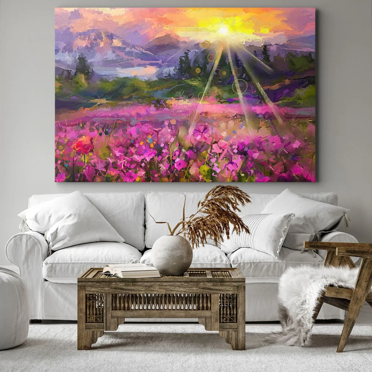 Bild auf Leinwand - Leinwandbild - Eine malerische Wiese in den Strahlen der untergehenden Sonne - 120x80cm - Im Tal unter dem Schutz der Sonne - Moderne Wanddekoration für Wohnzimmer und Schlafzimmer ARTTOR