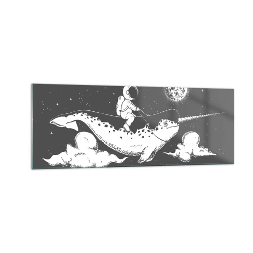 Glasbild - Bild auf glas - Ein Astronaut auf dem Rücken eines Narwals, der in einer Weltraumszene schwimmt. - 140x50cm - Weltraumreiter - Moderne Wanddekoration für Wohnzimmer und Schlafzimmer ARTTOR