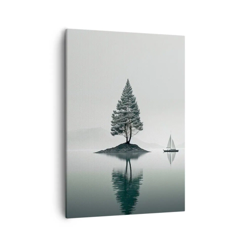 Bild auf Leinwand - Leinwandbild - Eine minimalistische Landschaft mit einem Baum auf einer Insel und einem Segelboot. - 50x70cm - Traum - Moderne Wanddekoration für Wohnzimmer und Schlafzimmer ARTTOR