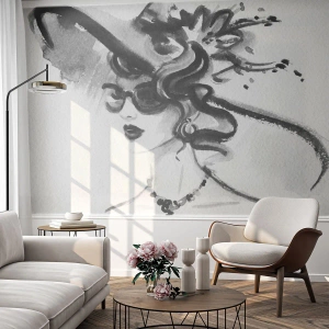 Fototapete Premium Sand - Elegantes Porträt einer Frau mit Vintage-Hut - 100x70cm - Eine Dame mit Charakter - Moderne Wanddekoration für Wohnzimmer und Schlafzimmer ARTTOR