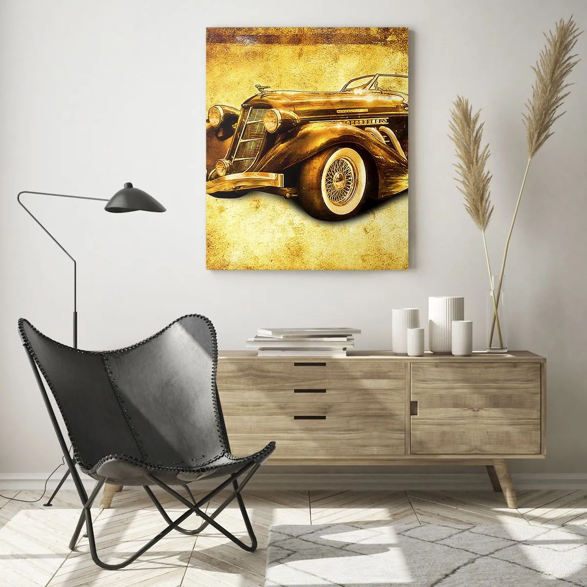 Glasbild - Bild auf glas - Oldtimer-Cabrio auf Vintage-Hintergrund - 50x70cm - Elite der Elite - Moderne Wanddekoration für Wohnzimmer und Schlafzimmer ARTTOR