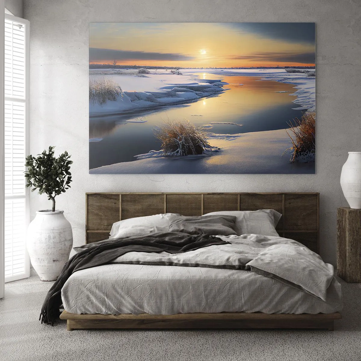 Glasbild - Bild auf glas - Winterlandschaft mit Sonnenuntergang über einem zugefrorenen Fluss - 100x70cm - Wintersonnenuntergang - Moderne Wanddekoration für Wohnzimmer und Schlafzimmer ARTTOR