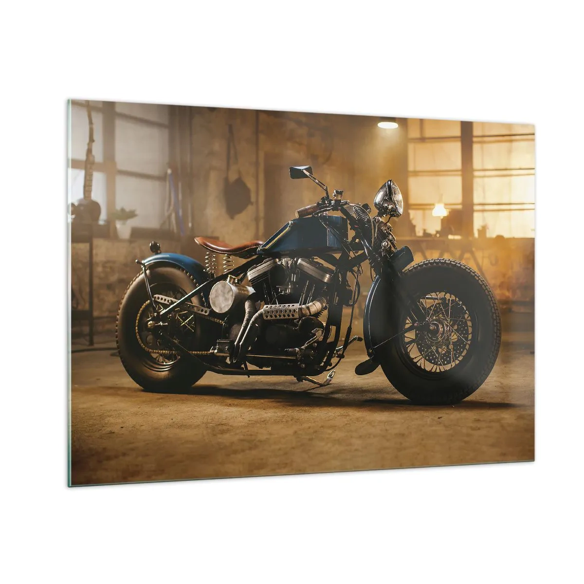 Glasbild - Bild auf glas - Stimmungsvolle Aufnahme eines klassischen Motorrads in einer Garage - 100x70cm - Ich kann alles  - Moderne Wanddekoration für Wohnzimmer und Schlafzimmer ARTTOR