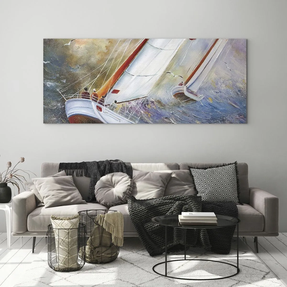 Glasbild - Bild auf glas - Segelboote auf rauen Wellen in einer dynamischen Komposition - 160x50cm - Durch die Wellen laufend - Moderne Wanddekoration für Wohnzimmer und Schlafzimmer ARTTOR