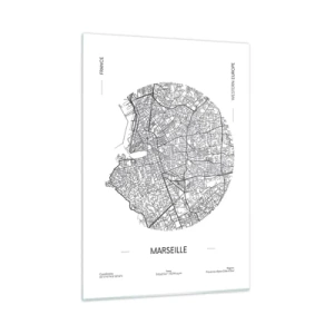 Glasbild - Bild auf glas - Schwarz-weißer Stadtplan von Marseille im modernen Stil - 50x70cm - Anatomie von Marseille - Moderne Wanddekoration für Wohnzimmer und Schlafzimmer ARTTOR