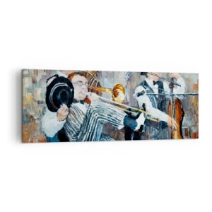 Bild auf Leinwand - Leinwandbild - Jazzmusiker im malerischen Stil während eines Konzerts - 140x50cm - Der ganze Jazz - Moderne Wanddekoration für Wohnzimmer und Schlafzimmer ARTTOR