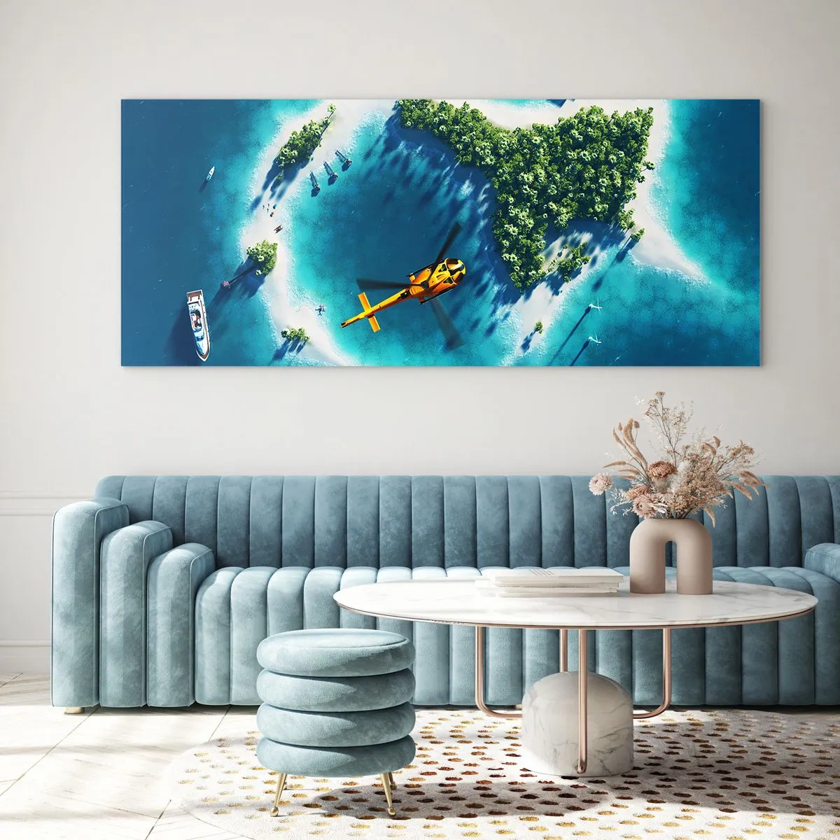 Glasbild - Bild auf glas - Eine tropische Insel, umgeben von türkisfarbenem Wasser, mit einem Hubschrauber in Sicht - 160x50cm - Kauf dir eine Insel - Moderne Wanddekoration für Wohnzimmer und Schlafzimmer ARTTOR